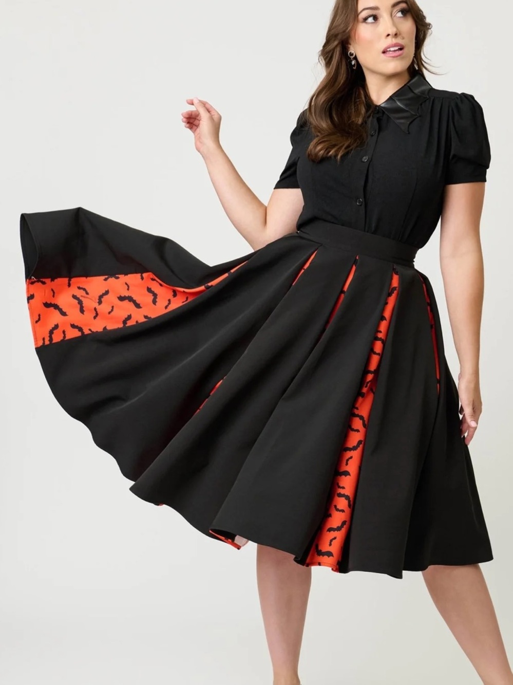 NEW Unique Vintage Black & Orange Bats Pleated Swing Skirt size:s 4/6